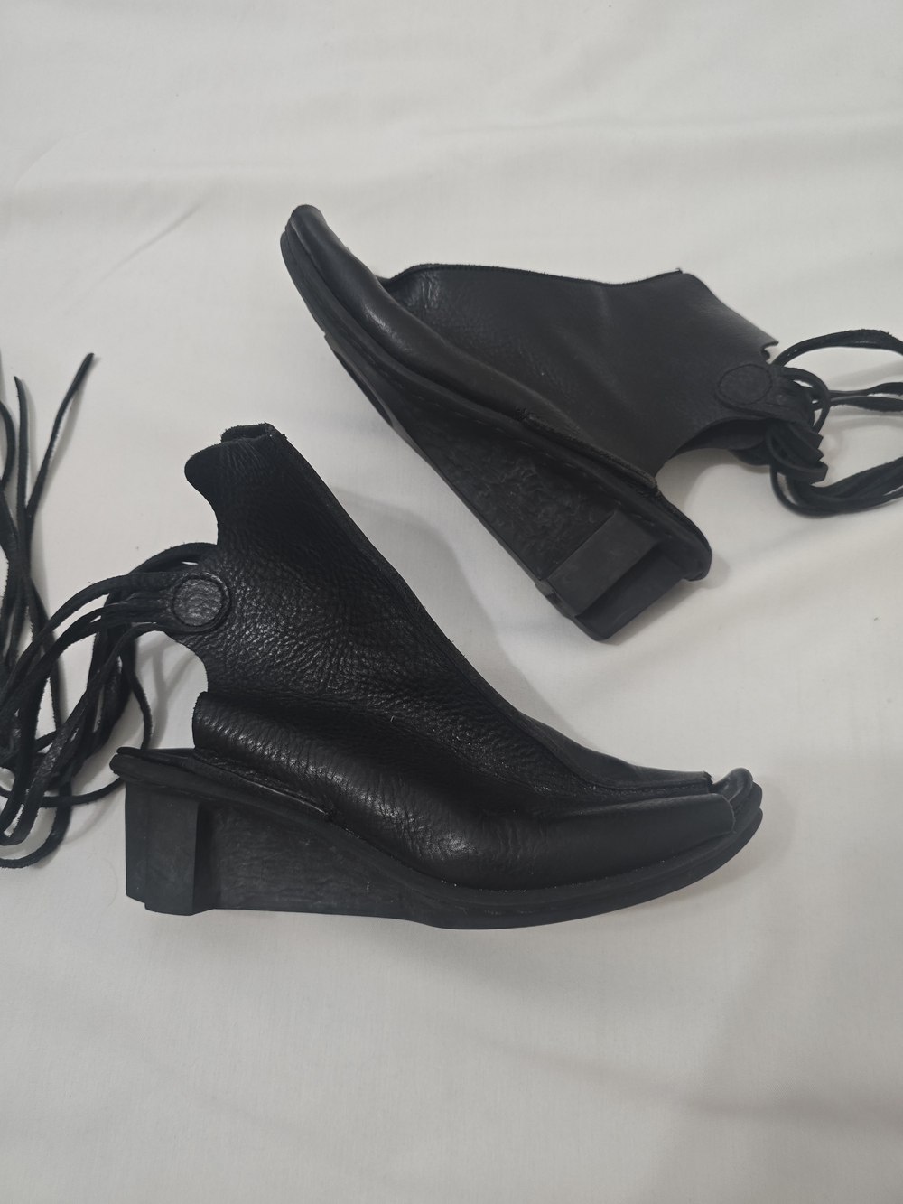 Black Open-Peep Wedge Heels with Back Lace-Up